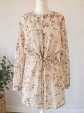 J Jill Barley Floral Sheer Linen Blend Jacket Tie Waist Beige M Cottagecore